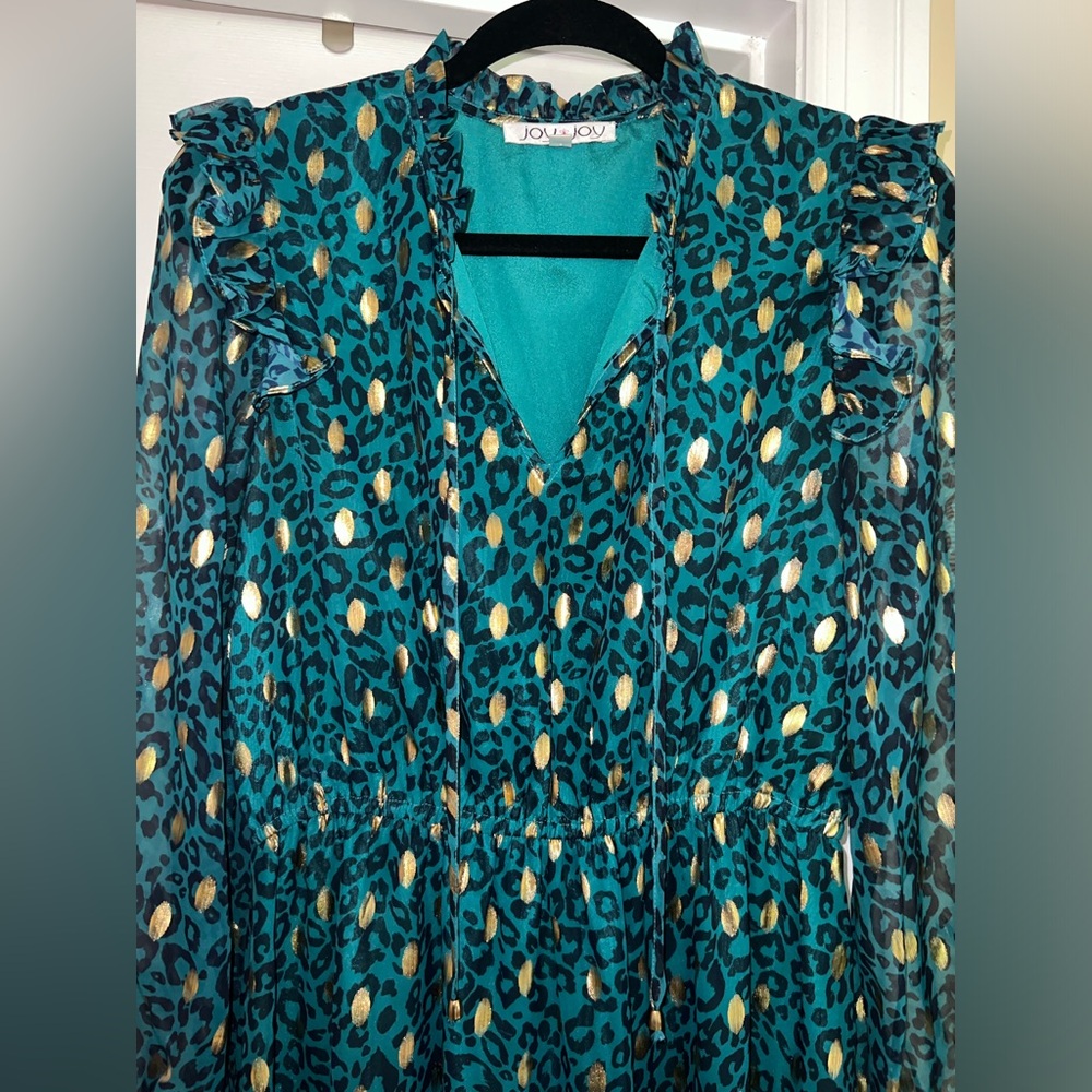 Joy Joy Large midi dress. Beautiful teal color w/ navy & gold metallic accents.